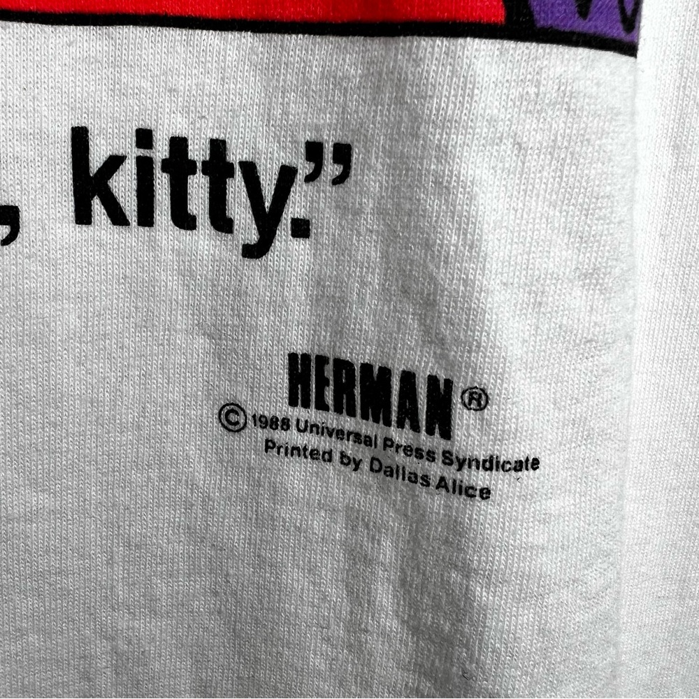 Vintage 80s HERMAN Jim Unger 1988 Here Kitty Cartoon Comic Graffic T-Shirt XL - Picture 3 of 8